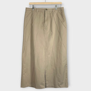 🦜 VTG NEWPORT NEWS Jeanology Maxi Skirt Womans 14 Khaki 100% Cotton Front Slit